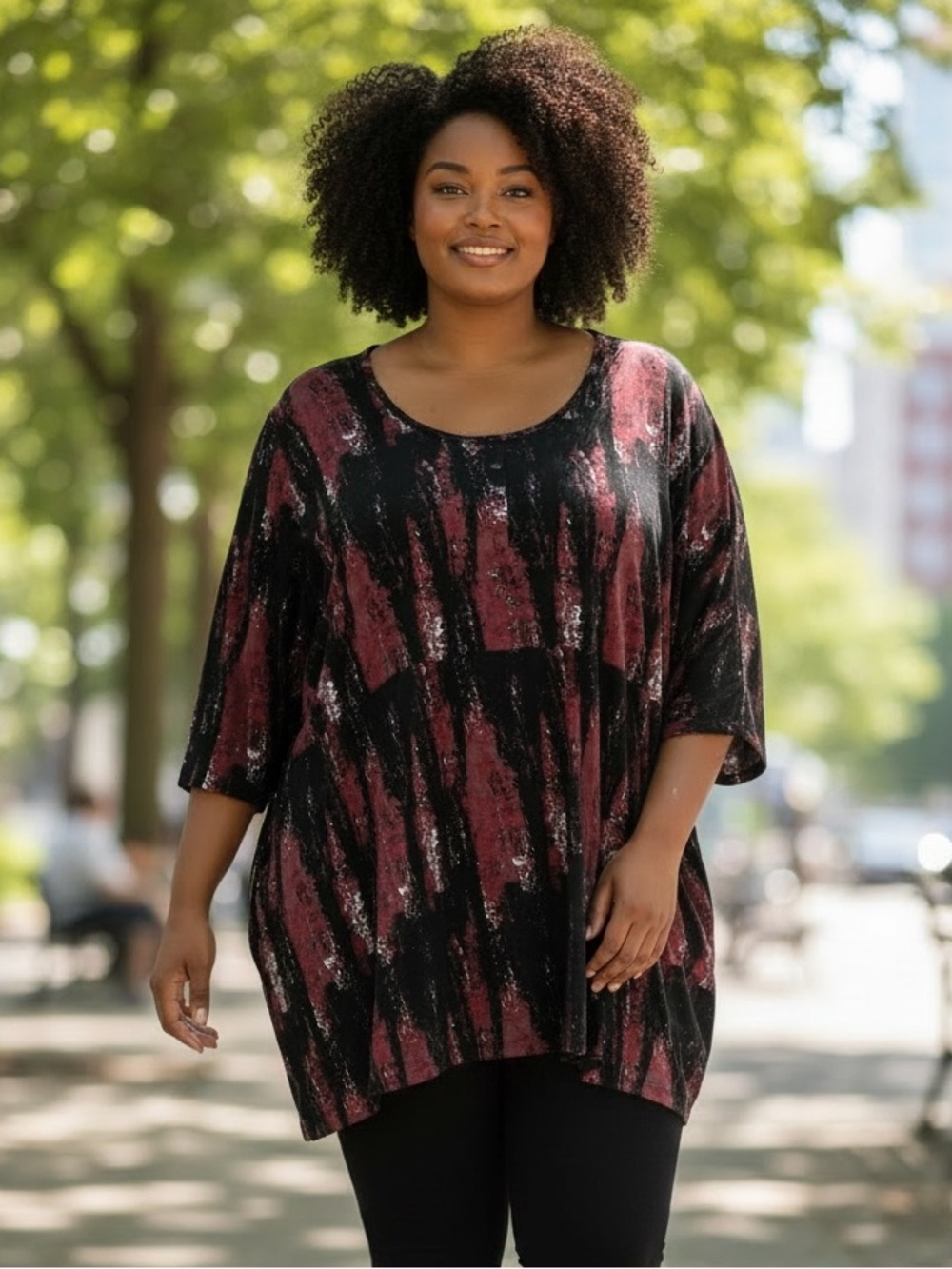 ELLOS NWT Printed 3/4 Sleeve High/Low Stretch Jersey Knit Henley Tunic 5X